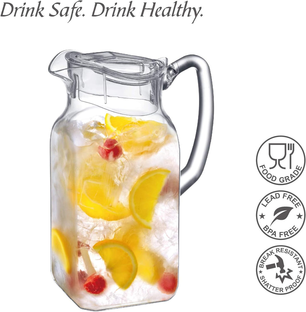Quadly - Plastic Pitcher (64 oz, 2 Quart), Clear Water Pitcher with Lid, Fridge Jug, BPA-Free, Shatter-Proof, Great