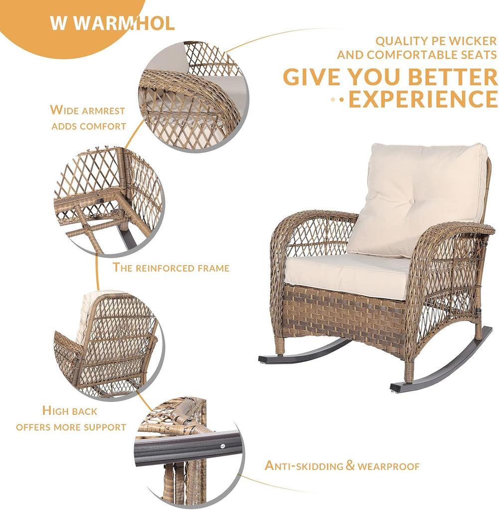 Outdoor Wicker Rocking Chair with Thickened Cushions, All-Weather Rattan Patio Rocking Chairs, Rocker Wicker Chair
