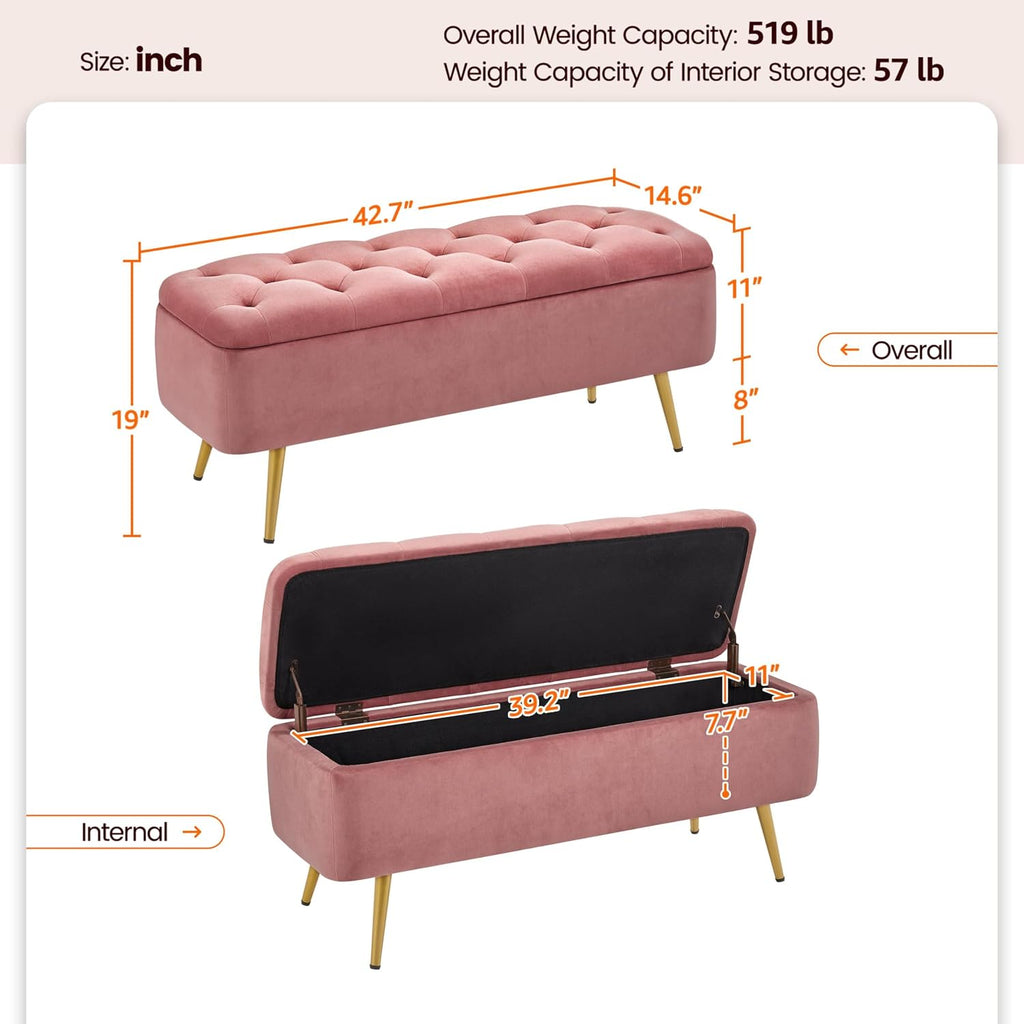 43in Velvet Storage Ottoman Bench End of Bed, Pink | Button-Tufted Ottoman Bench with 1.9C Storage Space, Tapered