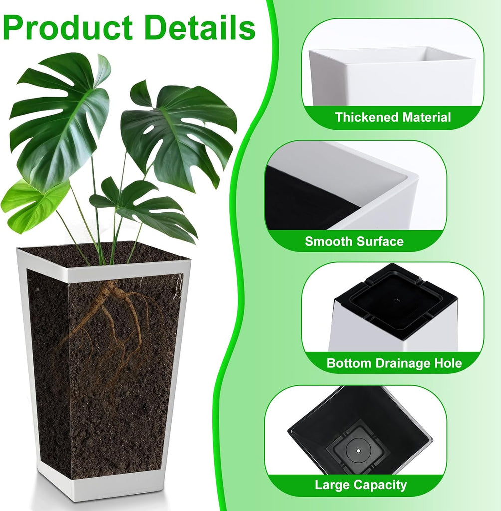 Set of 4 Tall Outdoor Planters 21 Inch Tall Tapered Square Planter with Drainage Hole Large Flower Tree Resin Flower