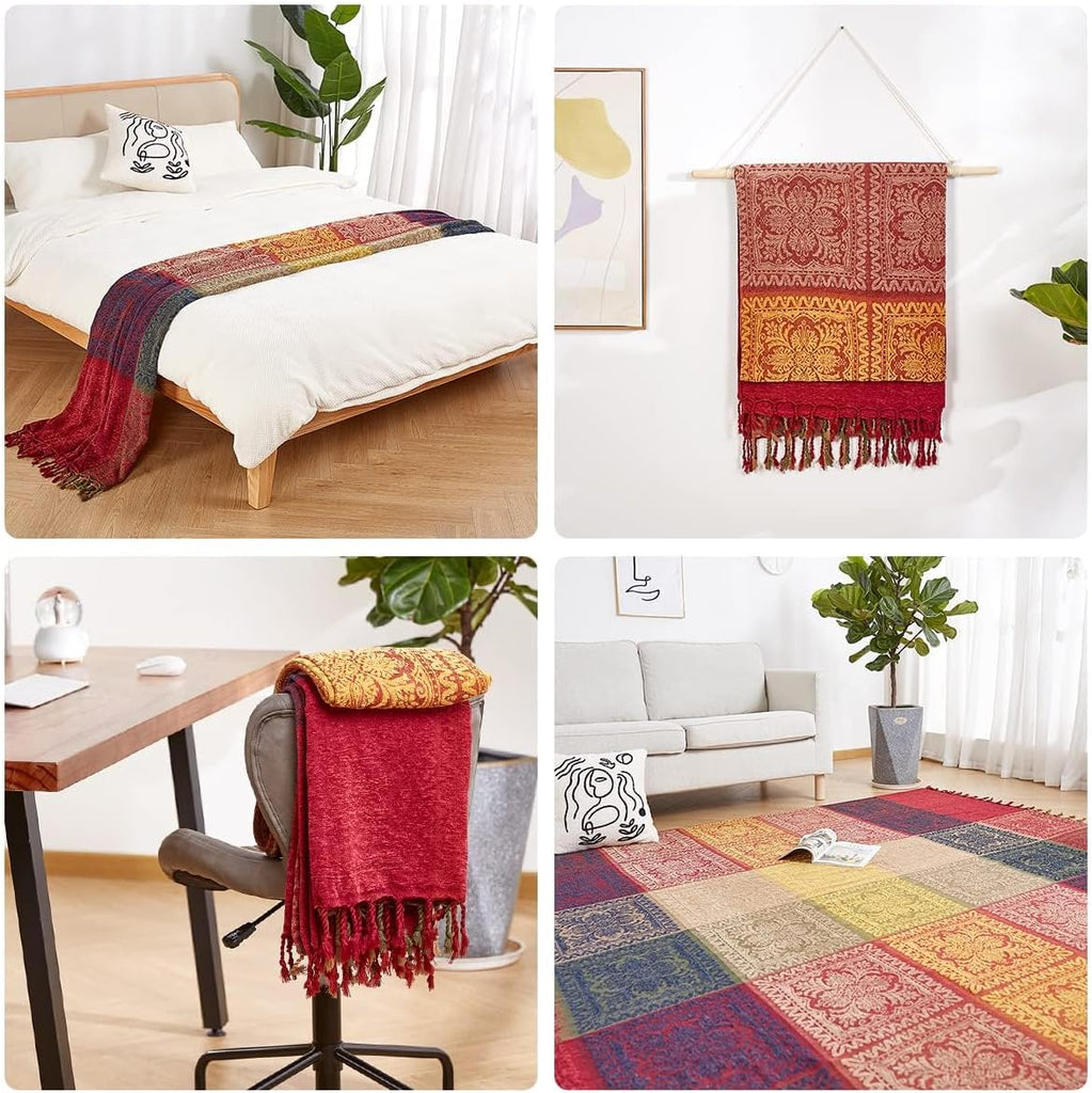 Bohemian Throw Blankets Chenille Jacquard Tassels Soft Chair Cover, 60x75 Inches)