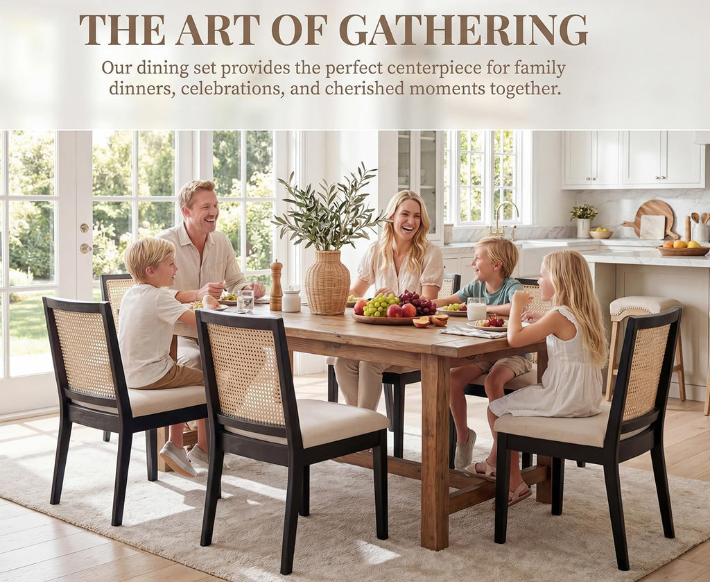 Farmhouse Rattan Dining Chairs Set of 4, Black Solid Hardwood Frame, Upholstered Linen Seat, Ergonomic Cane Back