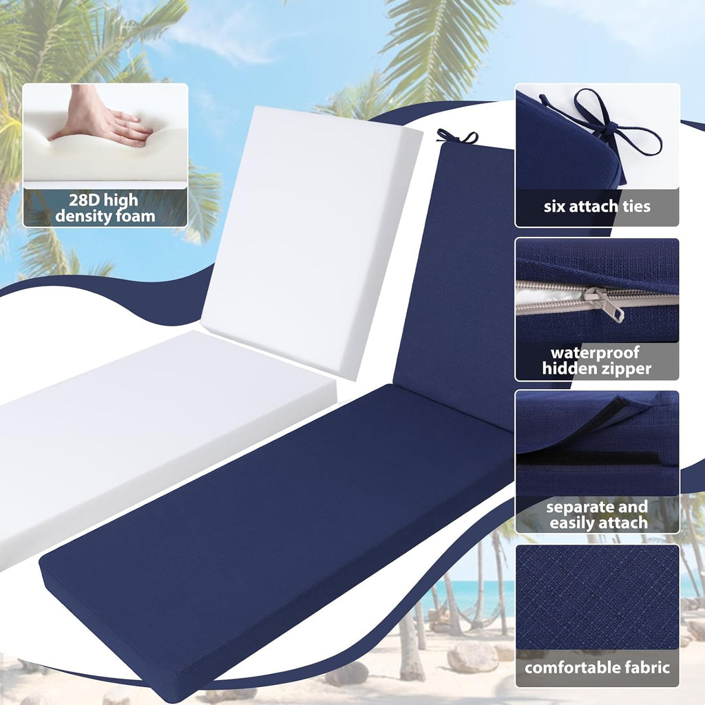 Outdoor Lounge Chair Cushion 72x21x3 in | Waterproof & Fade Resistant, Removable Cover, 6 Straps & Hidden Zipper