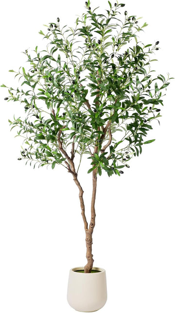 6FT Faux Olive Tree with Decorative Planter, Olive Trees Artificial Indoor with Textured Trunk, Silk Leaves and Olive
