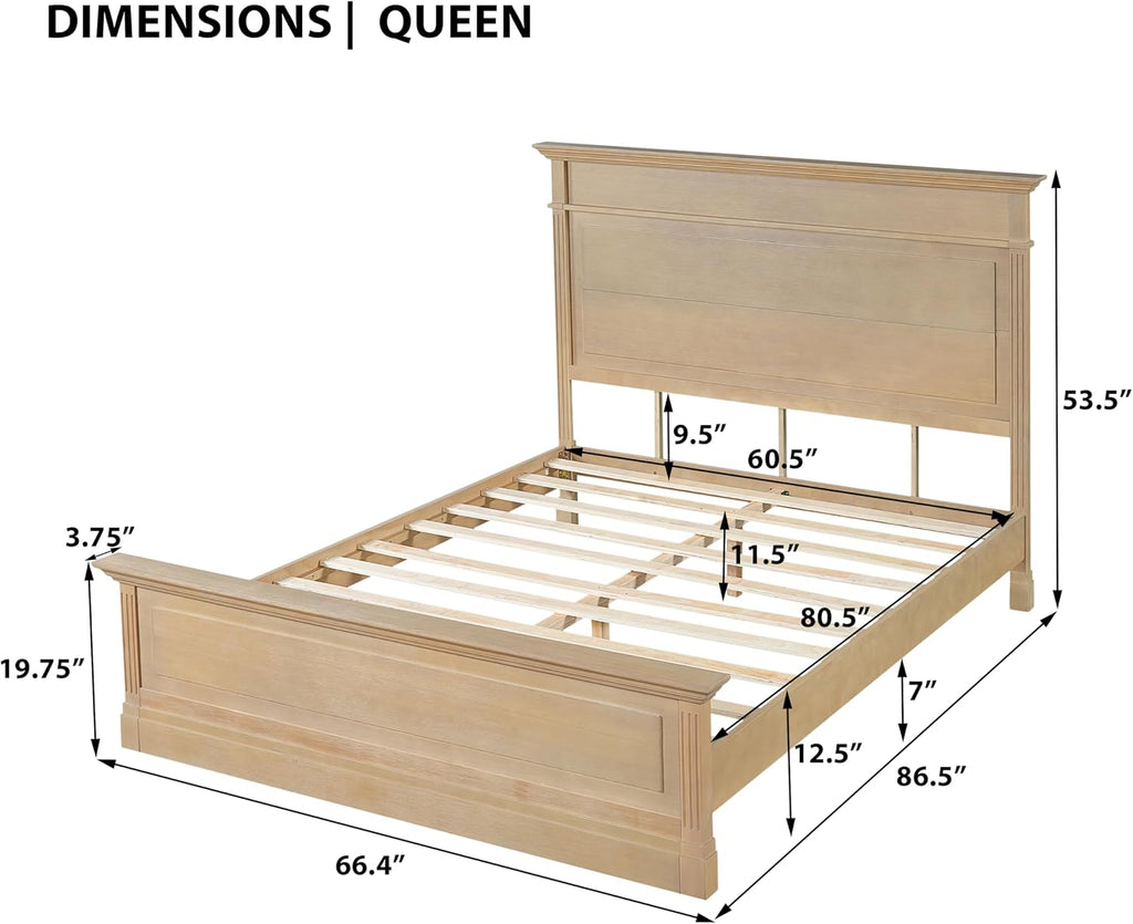 Rustic Queen Solid Wood Bed Frame, Farmhouse Platform Bed with 53.5" Tall Headboard, Heavy Duty Wood Bed Frame with
