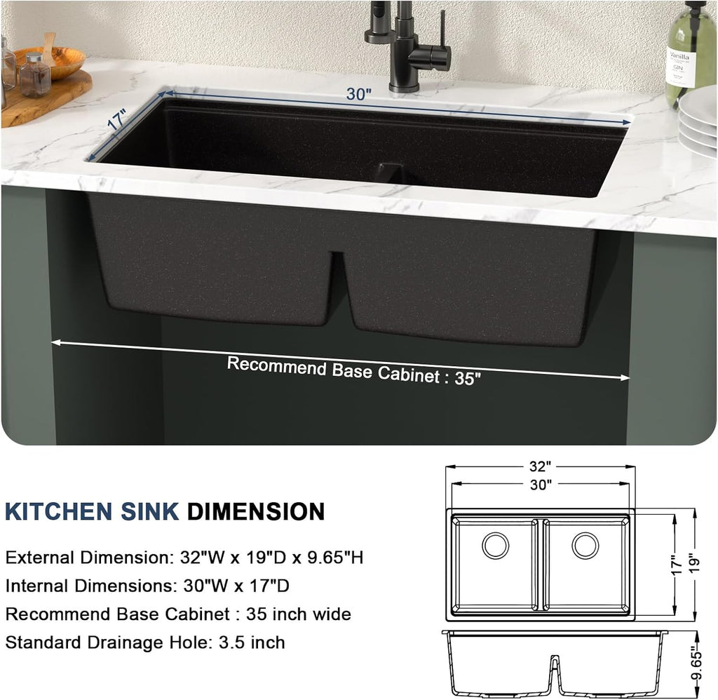 32 Inch Undermount Black Granite Double Bowl Sink Workstation 50/50 | Composite Granite Quartz Kitchen Sinks