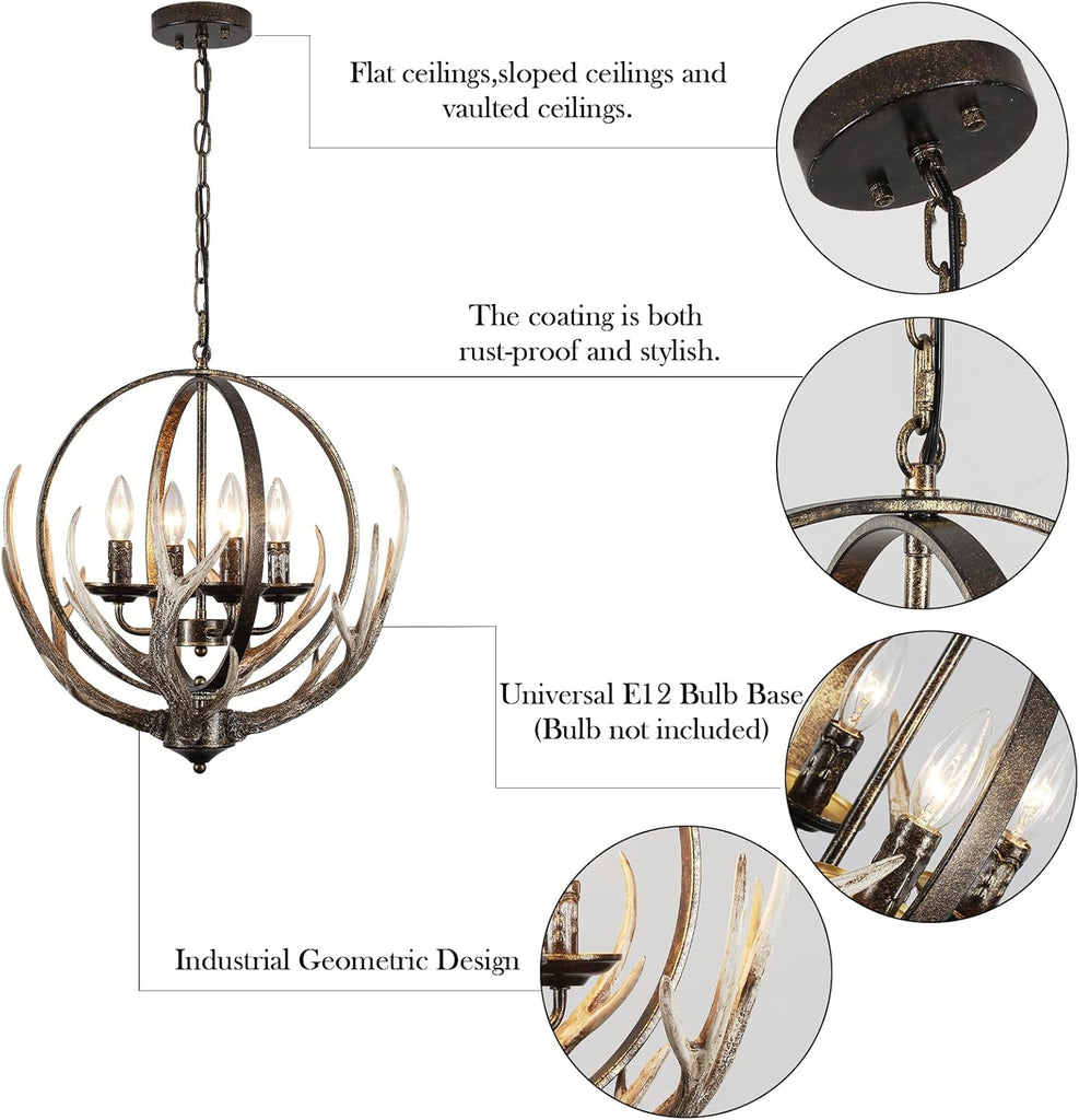 20" Retro Antler Chandelier, 4-Light Rustic Farmhouse Black Chandeliers Adjustable Height for Dining Room Kitchen