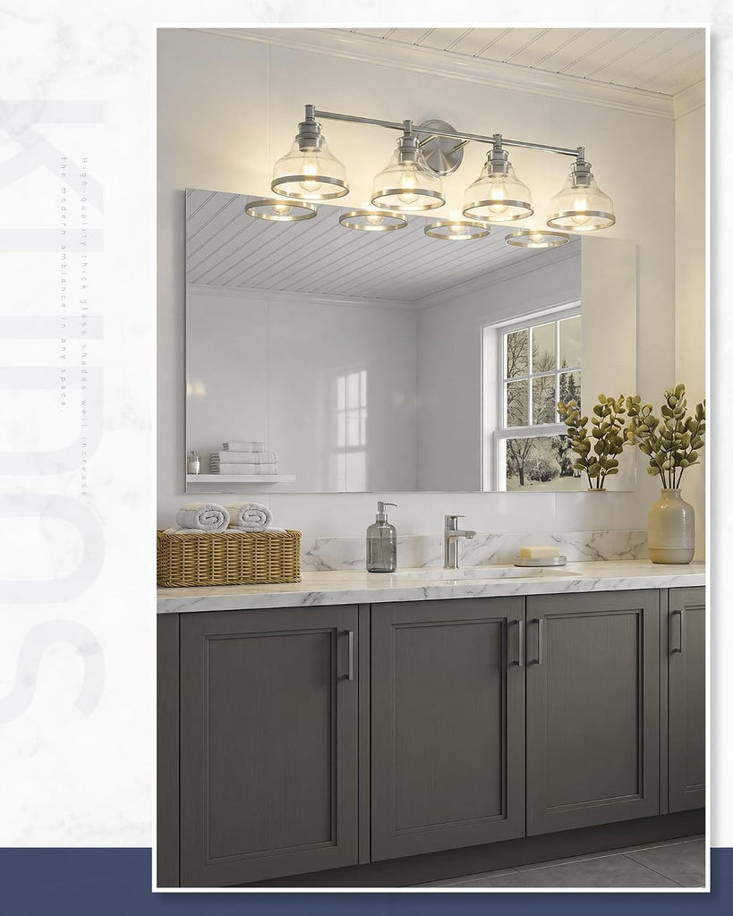 4-Light Brushed Nickel Vanity Light, Clear Glass Shade | 33" bathroom light fixtures over mirror, upward or downward
