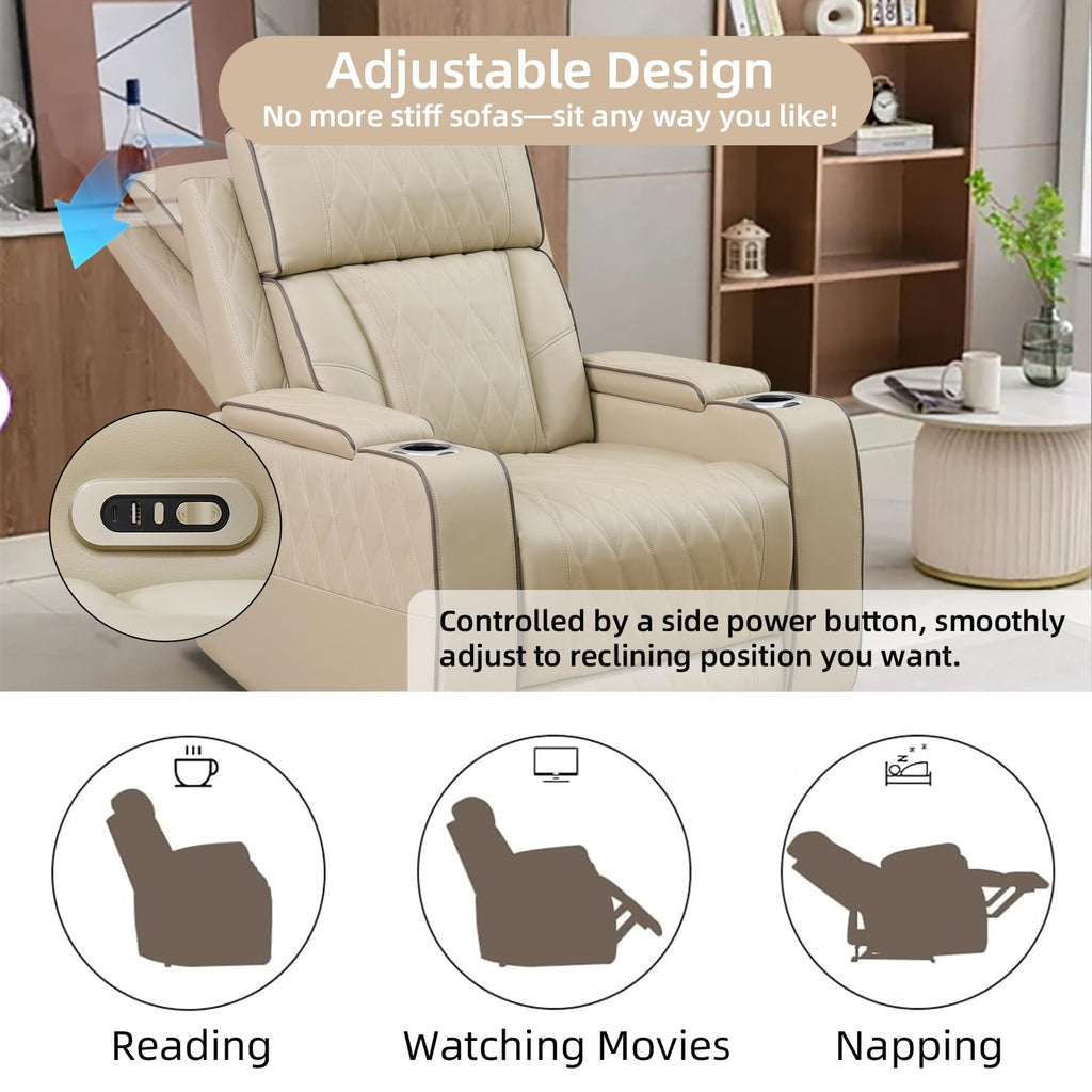 Power Recliner Sectional Sofa with LED Lights, 3 Piece Beige Leather Recliner Love Seat Couches Set with Cup Holders &