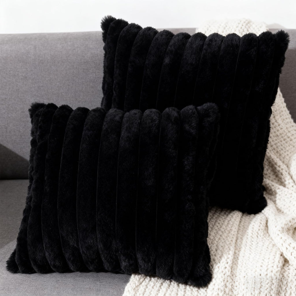 2 Pack 16x16 Double-Sided Faux Fur Pillow Covers, Plush Throw Pillow Covers, Throw Pillow Cover Cushion Cover, Black