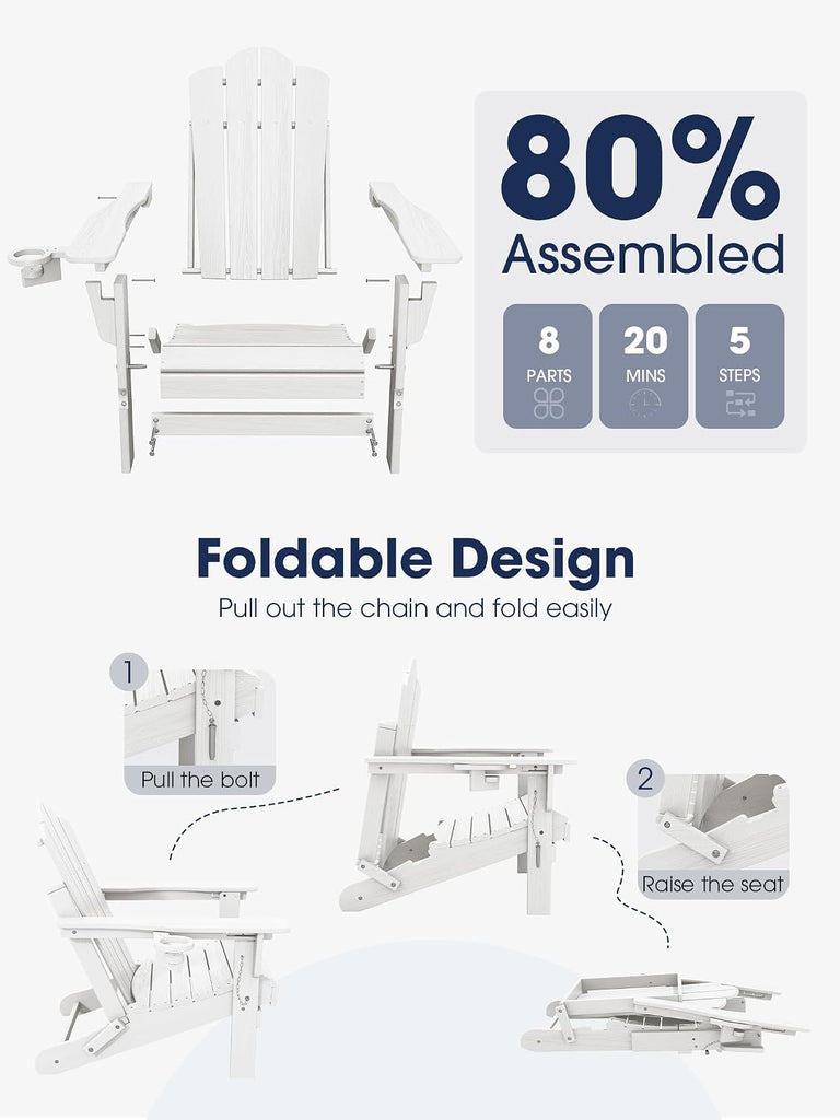 Adjustable Adirondack Chairs Set of 2, Folding Outdoor Chair, White | | with Cup Holder | Reclining 3-Position