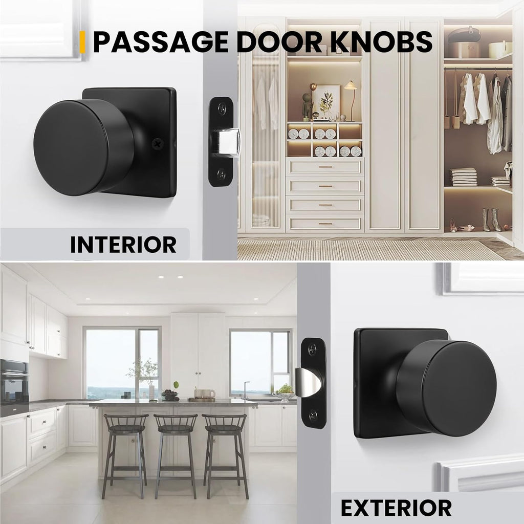Matte Black Closet Door Knobs, Passage Door Knobs Interior Hallway, Black Closet Door Knob No Lock 6 Pack