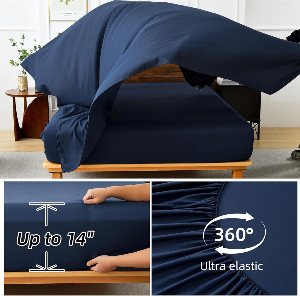 Blue Comforter Set, 7 Pieces Stripe Geometric Bed in a Bag, Geometric Comforter and Sheet Set