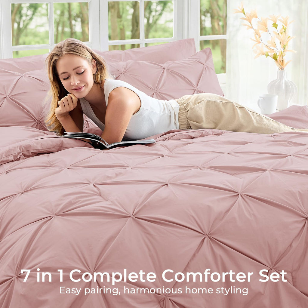 Queen Comforter Set, 7-Piece Bed in a Bag, Pintuck Bedding Sets for All Season, Includes Comforter, Flat Sheet