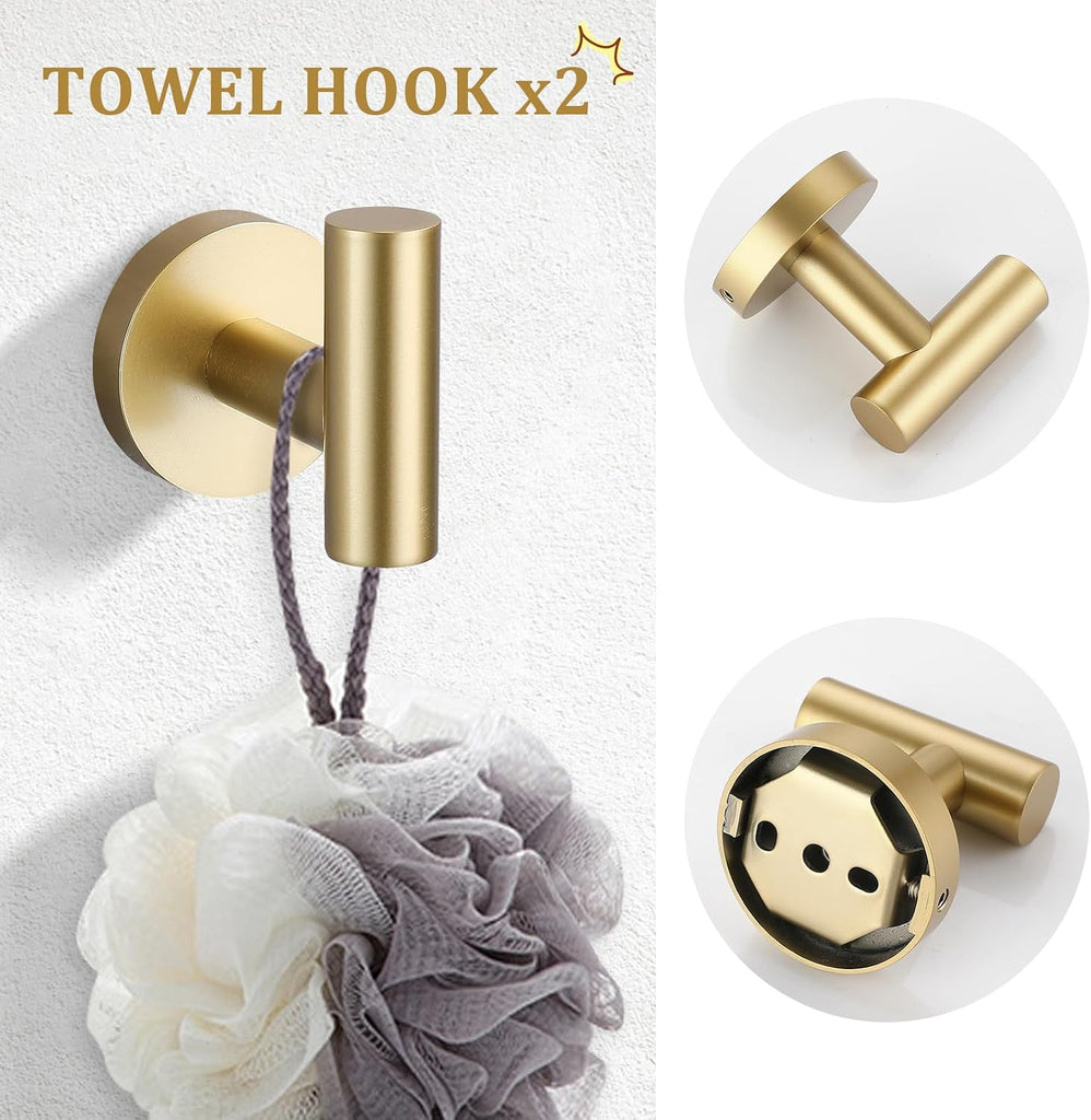 Brushed Gold 5 Piece Bathroom Hardware Set, SUS304 Stainless Steel 24 Inch Bath Towel Bar Set, Round Bathroom