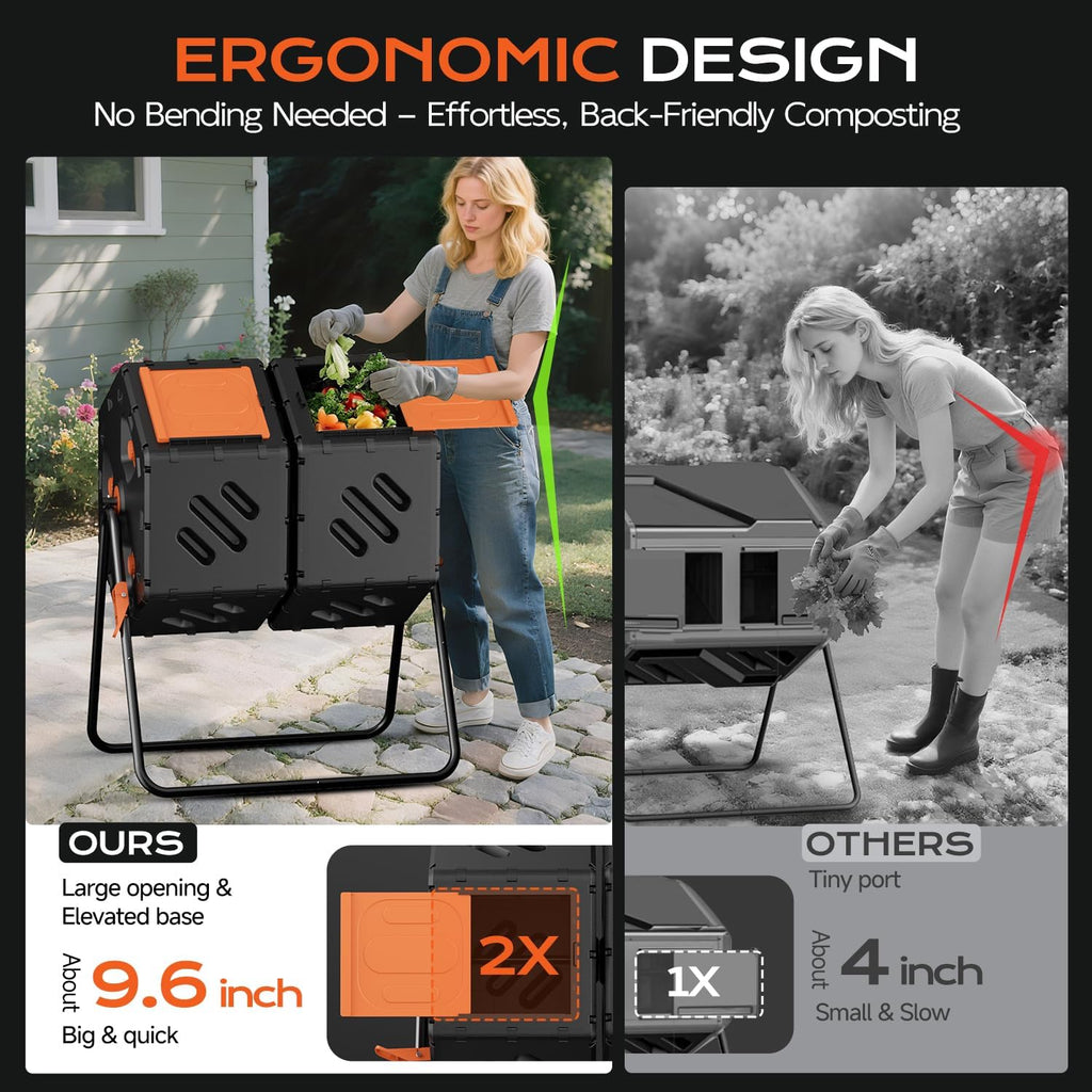 Compost Bin Outdoor 45 Gallon, Dual Separate Chamber Composter | 360°Rotating Garden Compost Tumbler for Fast