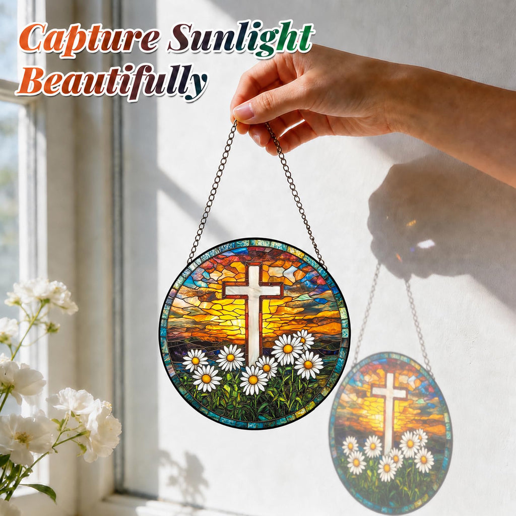 Cross Stained Glass Christian Window Hanging Religious Gift