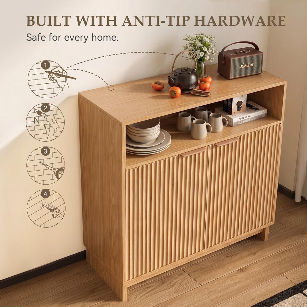 Buffet Cabinet with Storage, 31.5" Wide Kitchen Sideboard Cabinet | Mid Century Modern Wood Fluted Cabinet with