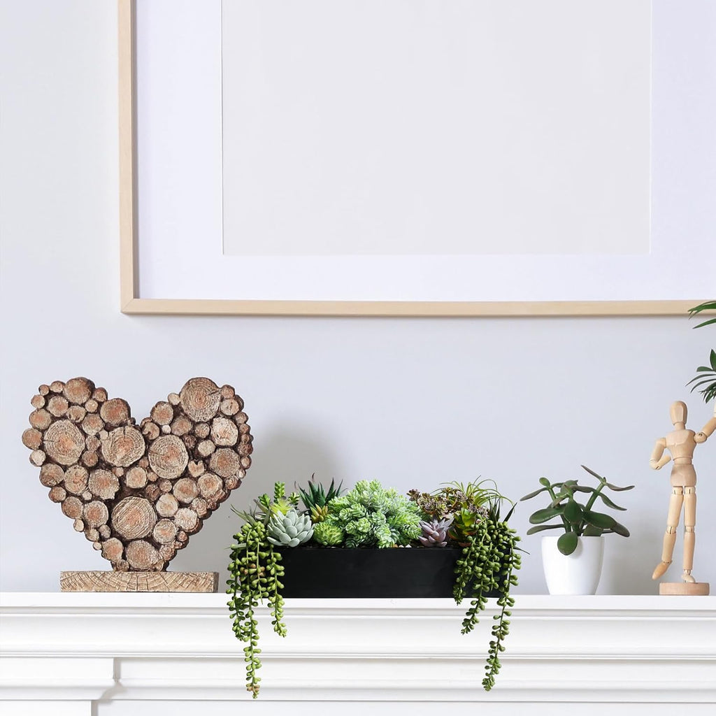 15" Artificial Succulents Arrangement Faux Succulents in Rectangular Black Wooden Planter Box Faux Potted Succulents