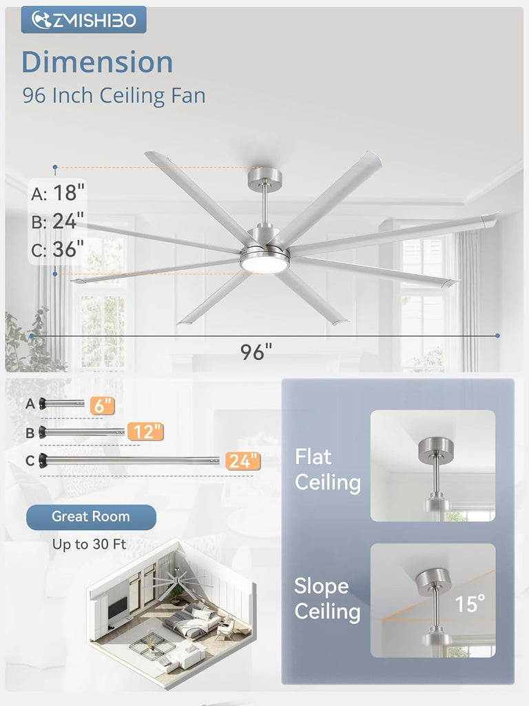 96" Ceiling Fan with LED Light and Remote - Nickel