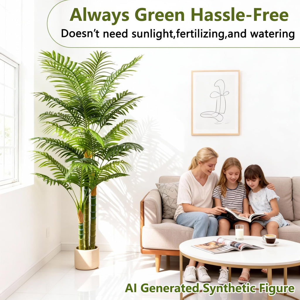 5FT Tall Golden Cane Artificial Palm Tree, Large Faux Palm Tree with 3 Textured Trunks, Outdoor Artificial Plants