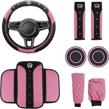 Car Accessories Set, Bling Crown Leather Car Steering Wheel Cover w/Armrest Pad, Seat Belt Cover Pads, Gear - Set of 8