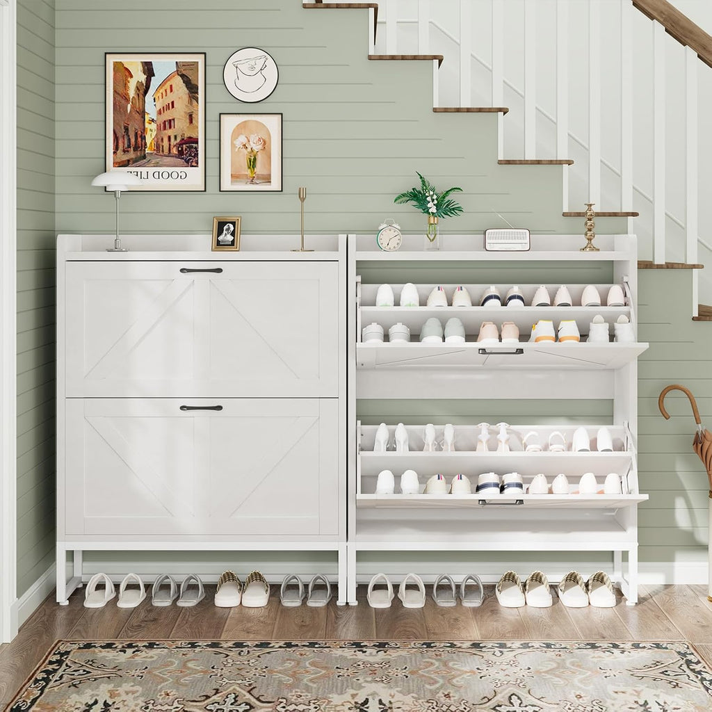 Shoe Cabinet, Shoe Storage Cabinet with 2 Flip Drawers & Adjustable Shelf, Space-Saving Shoe Organizer - Holds 16+
