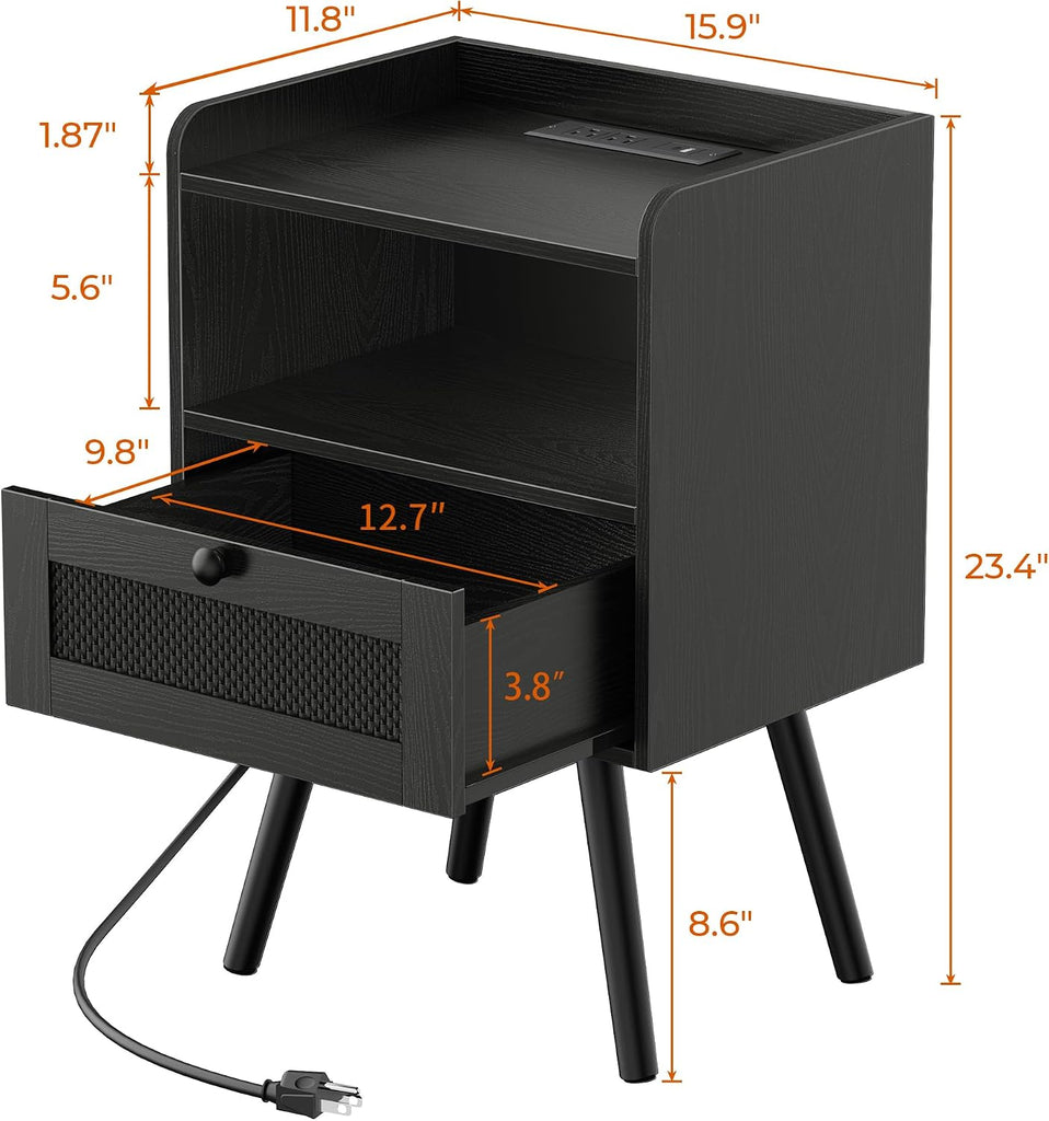 Nightstands with Charging Station, Bedside Table Set of 2 with Texilene Surface Drawers, Rattan Side Table with