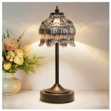 Cordless Table Lamp, Rechargeable Black Glass Lotus Flower Lamp