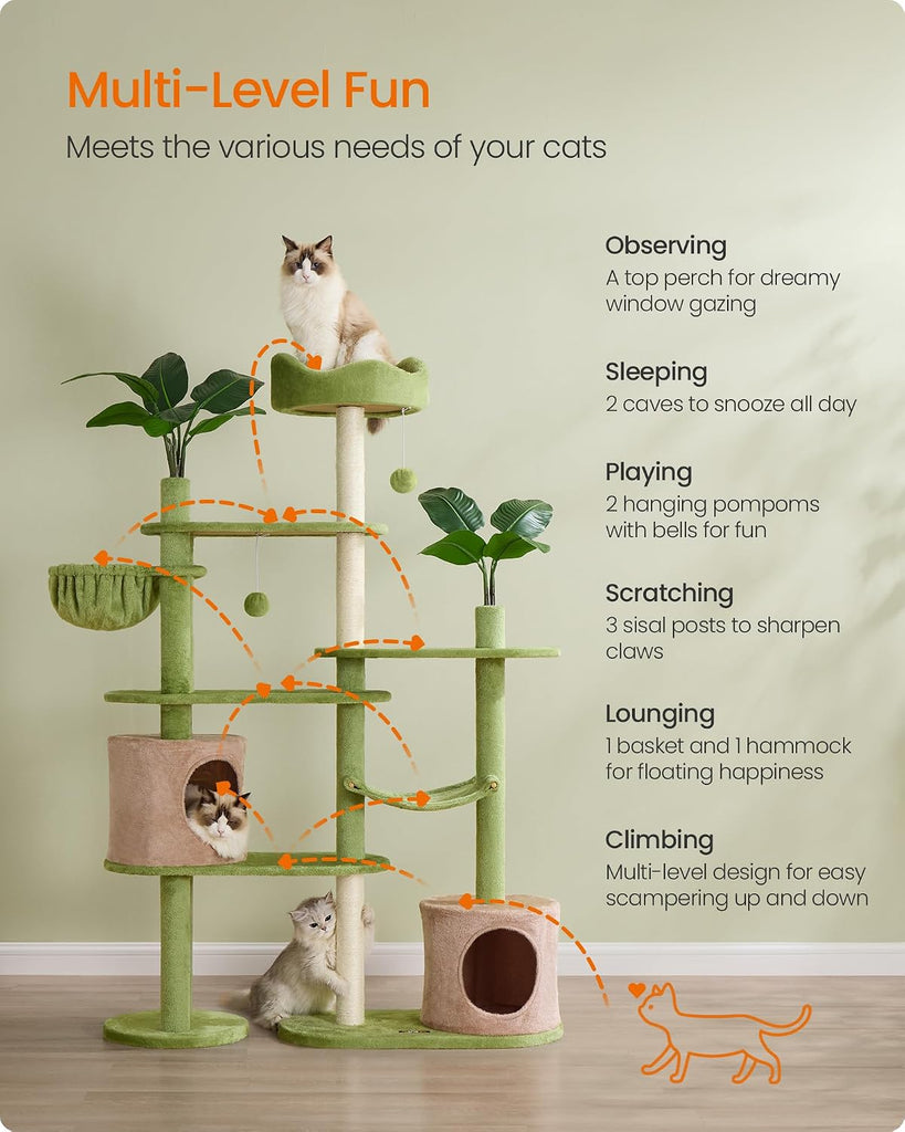 Cat Tree, 68.1-Inch Multi-Level Plush Cat Tower, Artificial Leaves