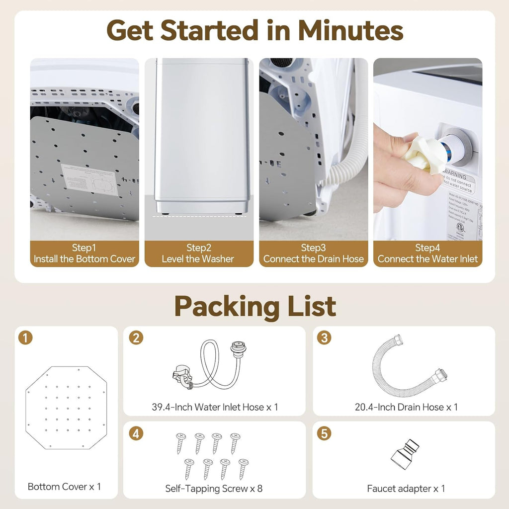 1.06 Cu.Ft. Portable Washing Machine, 7.7LBS Full-Automatic Laundry Washer with Stainless Steel Drum, 10 Wash Cycles &