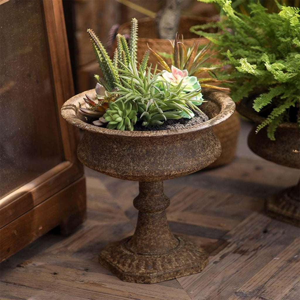 Vintage Pedestal Urn Planter,Rustic Brown | Antique Style Design, Indoor & Outdoor Use, Hexagonal Base, Succulent &