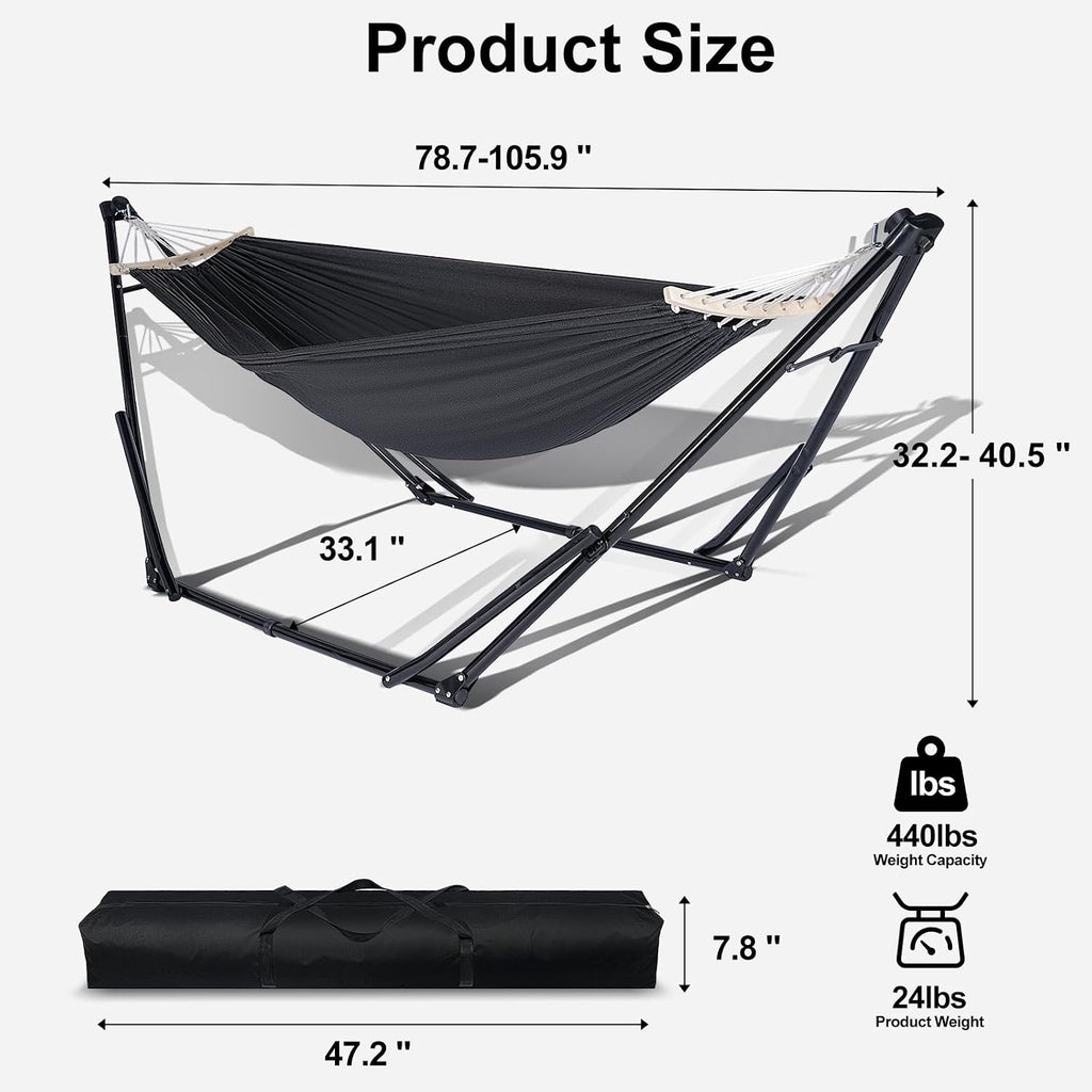 2-in-1 Hammock Chair with Stand, Portable Hammock, Black | Adjustable swing chair for teens with heavy-duty steel