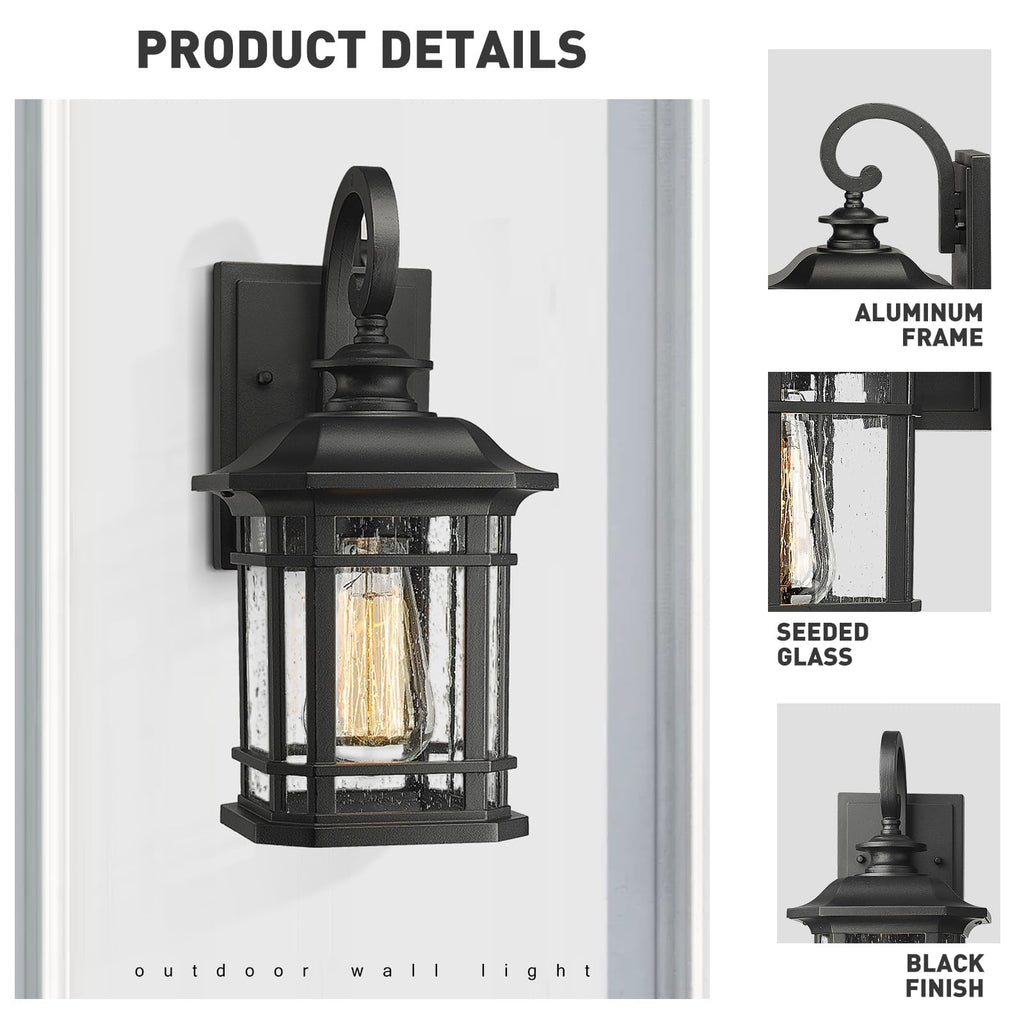 1-Light Outdoor Wall Lantern, Black, Clear Seeded Glass, 2084B BK