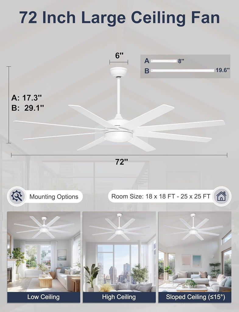 72 Inch Large Ceiling Fans with Lights, 8 Blades White Ceiling Fan Remote/APP Control, Dimmable