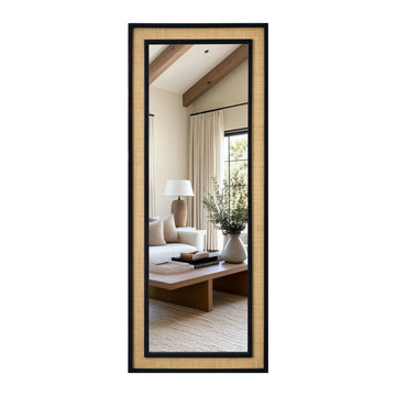Rattan Full Length Mirror, 24"x60" Long Rattan Wall Mirror, Wooden Mirror with Wicker Frame, Decorative Full Body Mirror