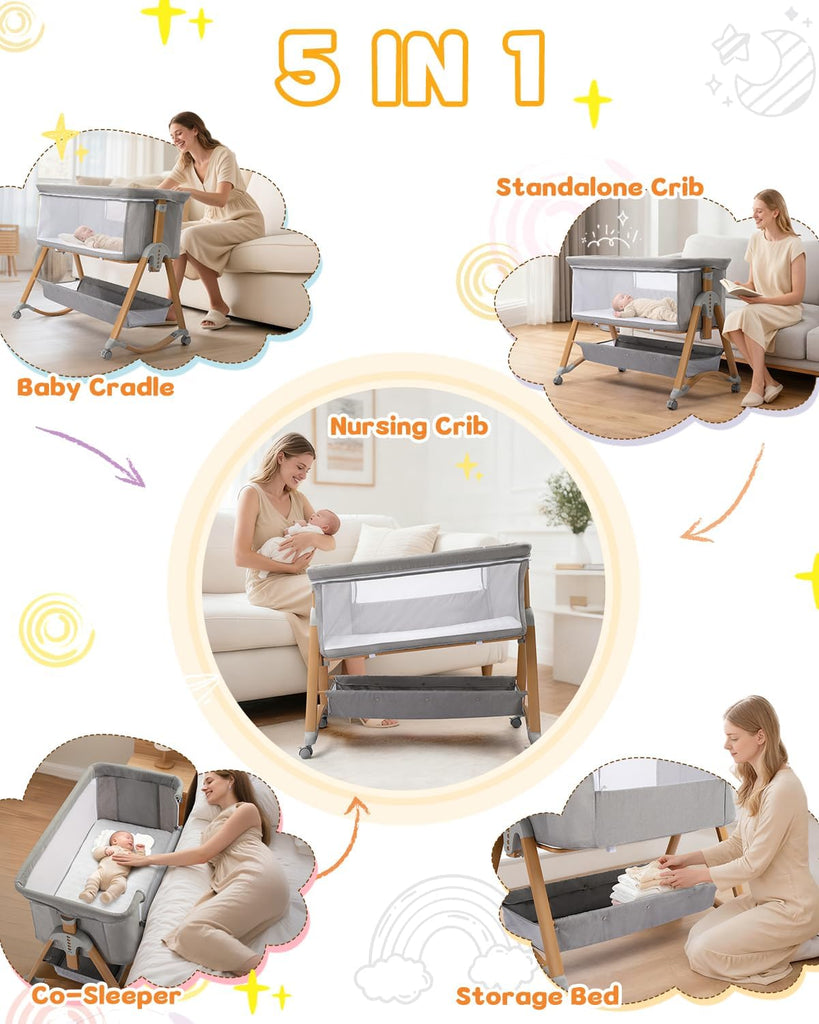 Baby Bassinet Bedside Bassinet, Baby Cradle with Machine-Washable Sheets, Four-Sided Breathable Mesh, 6 Height