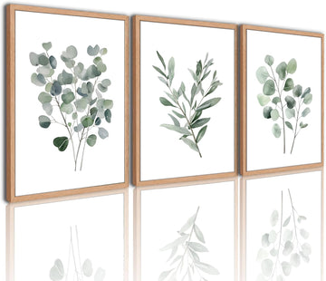 Thick Vintage Framed Wall Art Decor Set of 3 ,Boho Canvas Prints Paintings Artwork Framed Botanical Eucalyptus Leaves