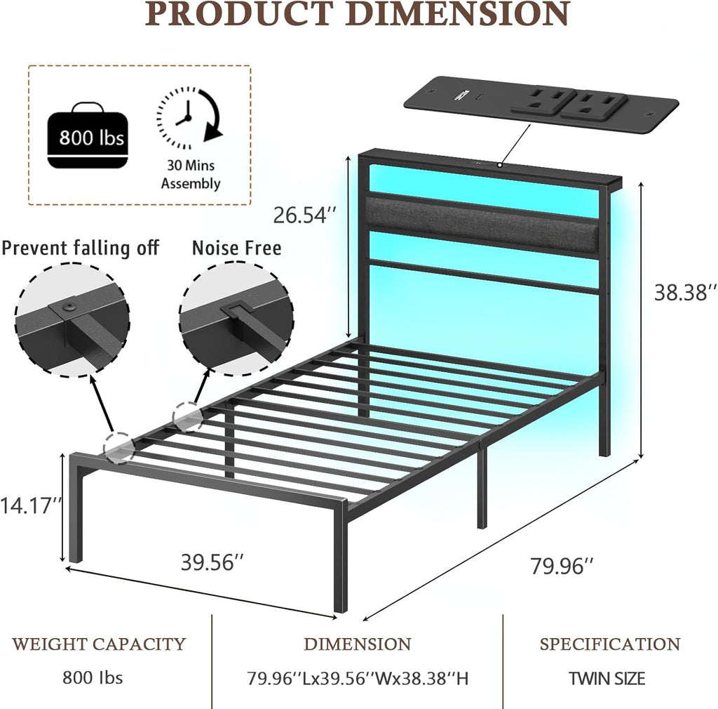 Twin Bed Frames for Kids, Upholstered Headboard and Storage Shelf | led lights, under-bed storage, no box spring