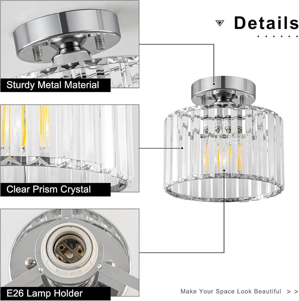 Crystal Chrome Semi Flush Ceiling Light 8.66 Inch | Modern Metal Close To Ceiling Light Fixture Bedroom Kitchen