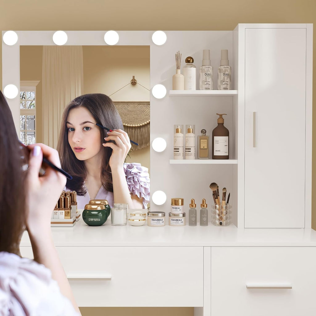 Vanity Desk with Mirror and Lights, Makeup Vanity with 4 Drawers, Cabinet & 4 Necklace Hooks, White Vanity with
