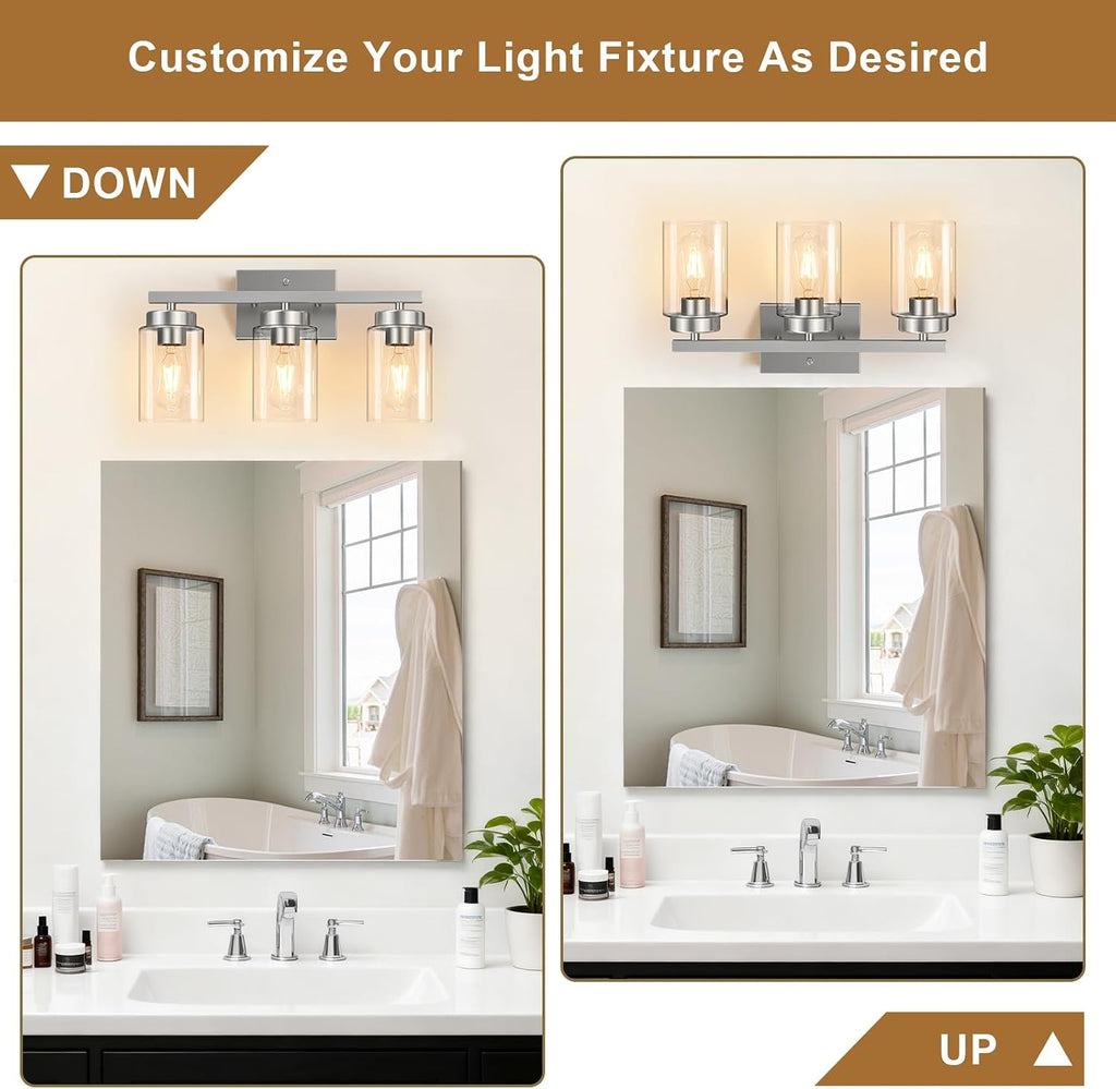 Modern Bathroom Light Fixtures, 3 Light Brushed Nickel Vanity Lights, Bathroom Lighting Fixtures Over Mirror with