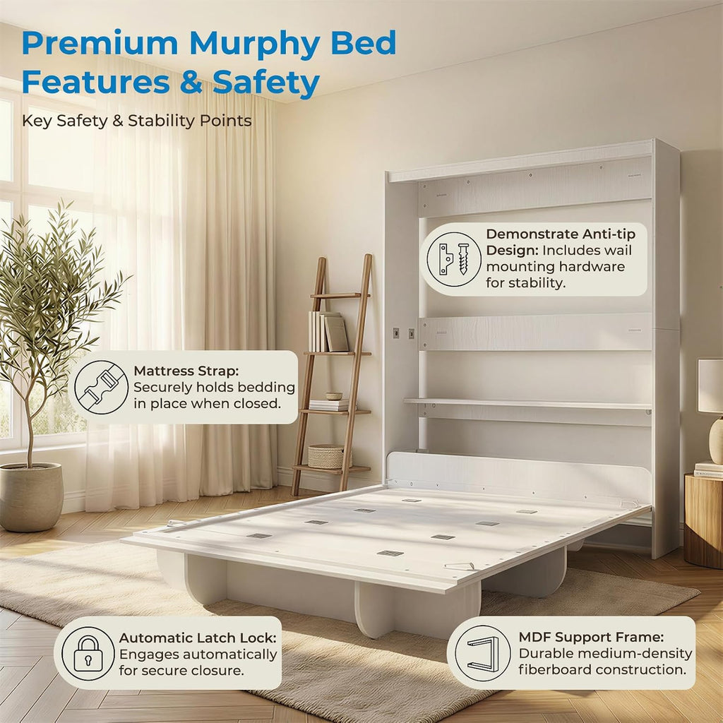 Queen Wall Murphy Bed with Storage Shelf, Queen Wall Beds Cabinet Murphy Beds with Bookshelf, Top Cabinet Bedframe