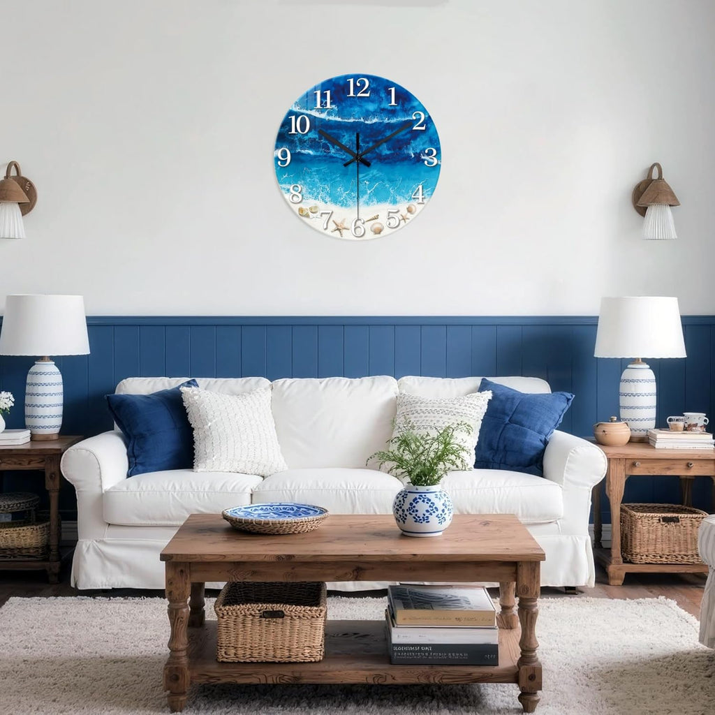 Large Coastal Beach Wall Clock 24 Inch Blue Seashell Silent