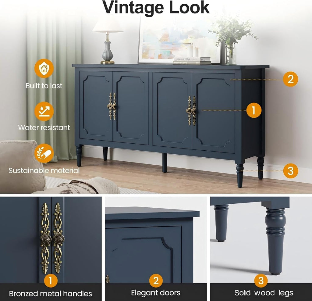 59" Buffet Cabinet with Storage, Vintage Sideboard with Adjustable Shelves & Carved Handle