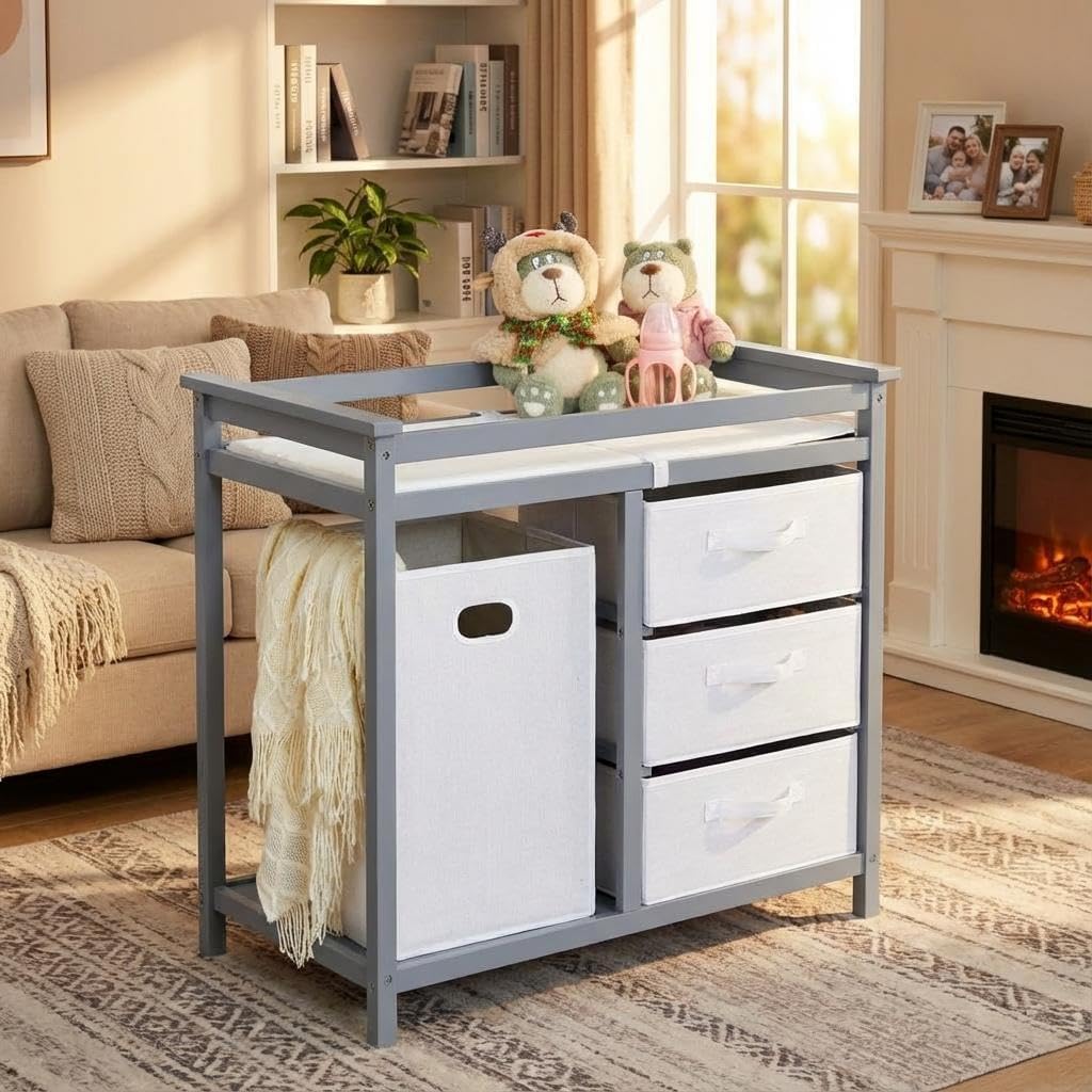 Modern Baby Changing Table with Laundry Hamper & 3 Drawers - Solid Wood Nursery Dresser Supports 40 Lbs, with Safety