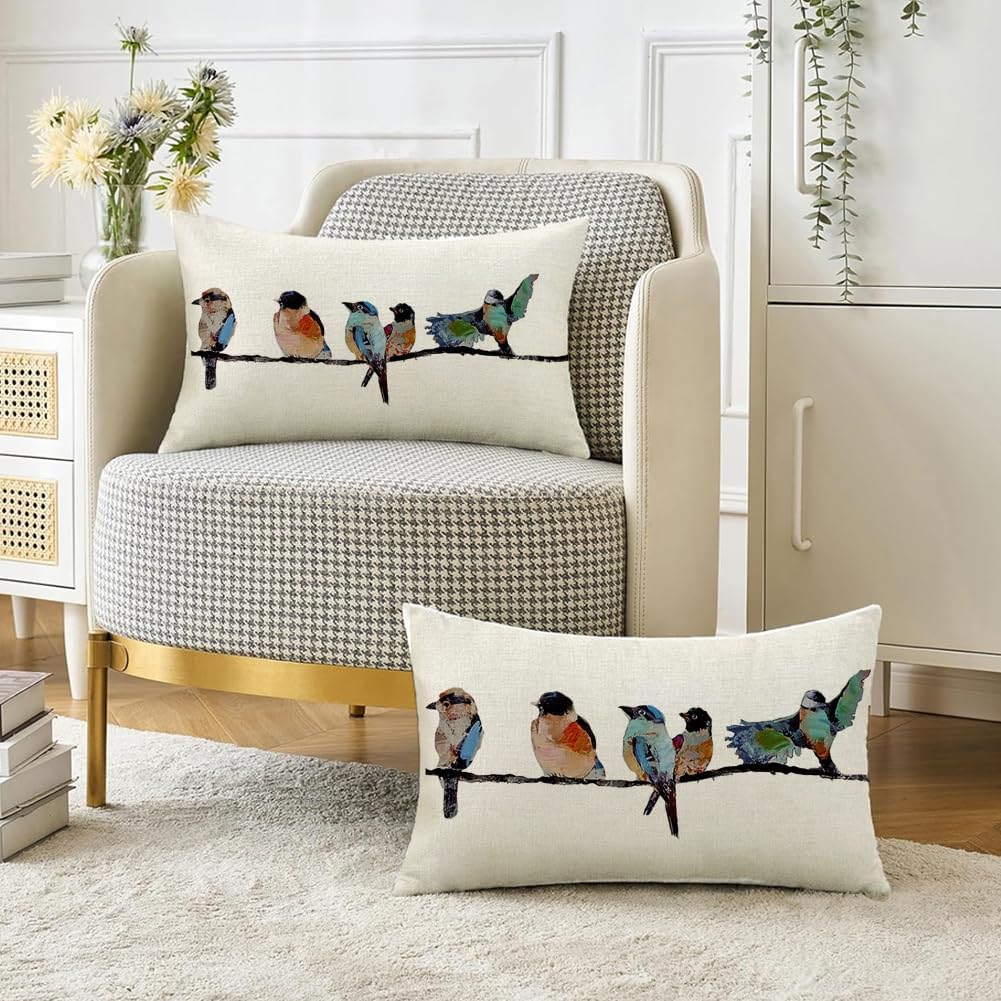 12x20 Lumbar Pillow Decorative Throw Pillows,Small Hand-Painted Outdoor Birds Pillowcases,Spring Summer Pillows