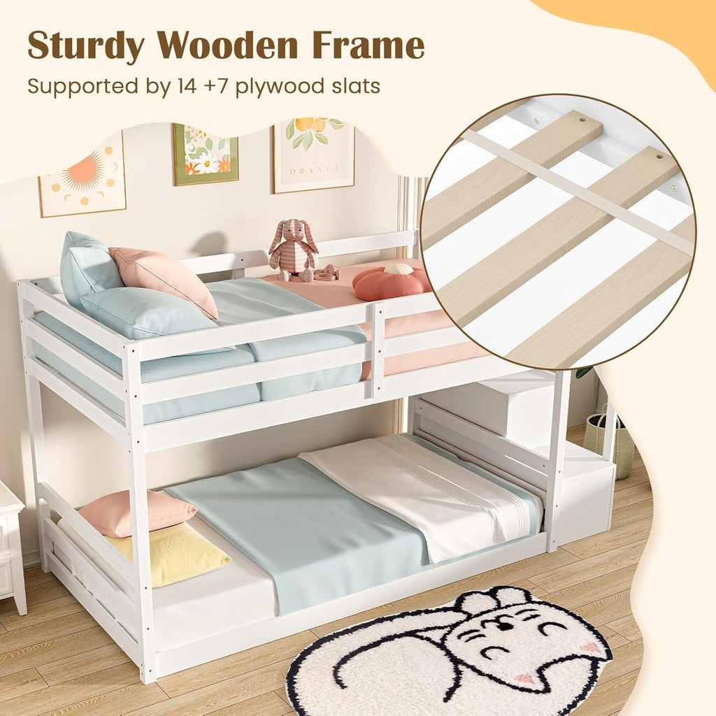 Twin Over Twin Bunk Bed with Stairs, Solid Wood Floor Bunk Bed with Storage Staircase & Full-Length Guardrails