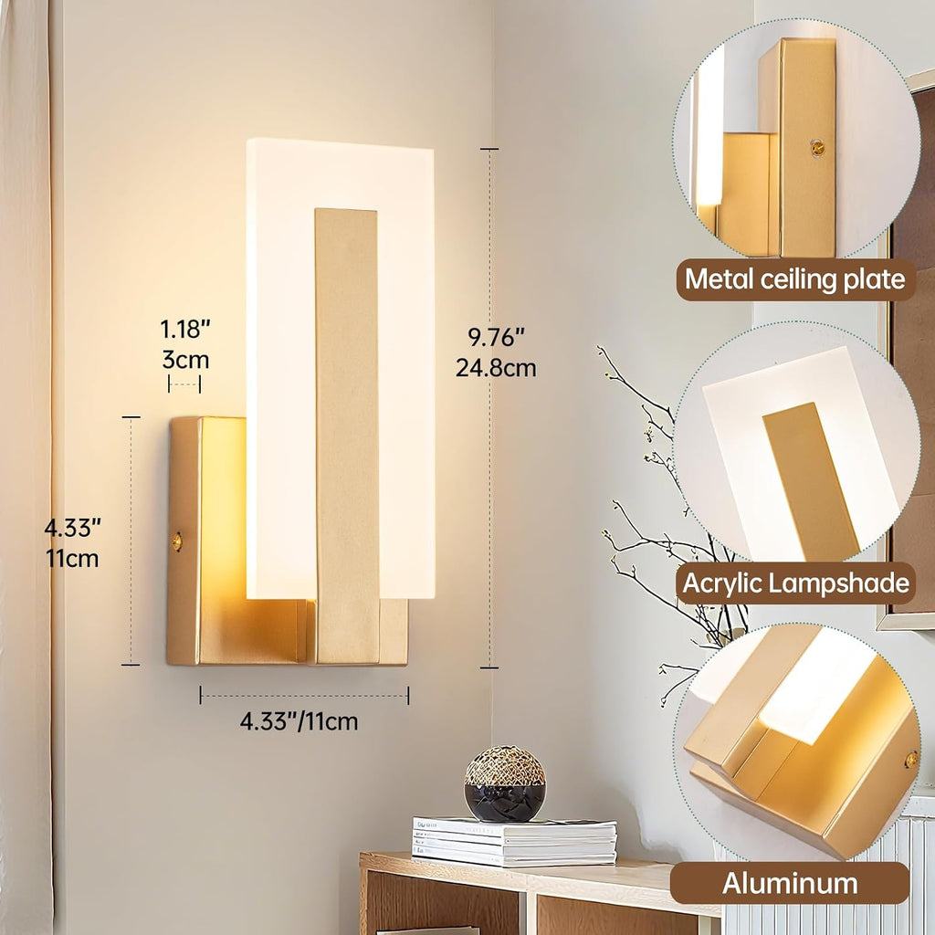 Modern Wall Sconces Set of 2, 3000K Warm White Wall Sconce, Acrylic Gold Wall Lamp, Hardwired Wall Mount Lighting