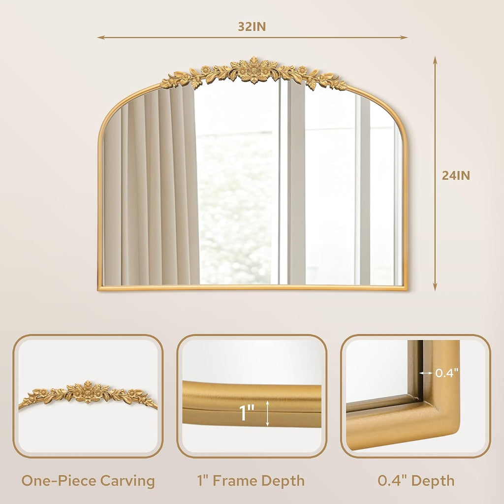 Vintage Gold Arched Mirror: 32"x24" French Baroque Antique Mirror, Traditional Ornate Decorative for
